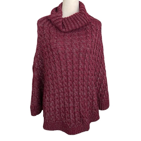Cato Poncho Sweater One Size Burgundy Metallic Threads Chunky Knit Women Top - Picture 1 of 7